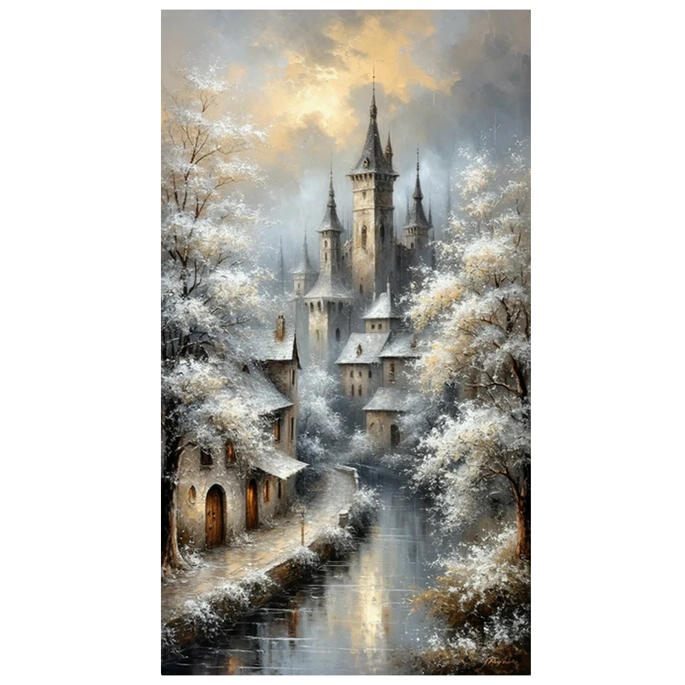 Kits de pintura de diamantes 5D Snowy Castle DIY, kits de arte de diamantes cuadrados completos para adultos principiantes, perfectos para decoración de paredes del hogar.