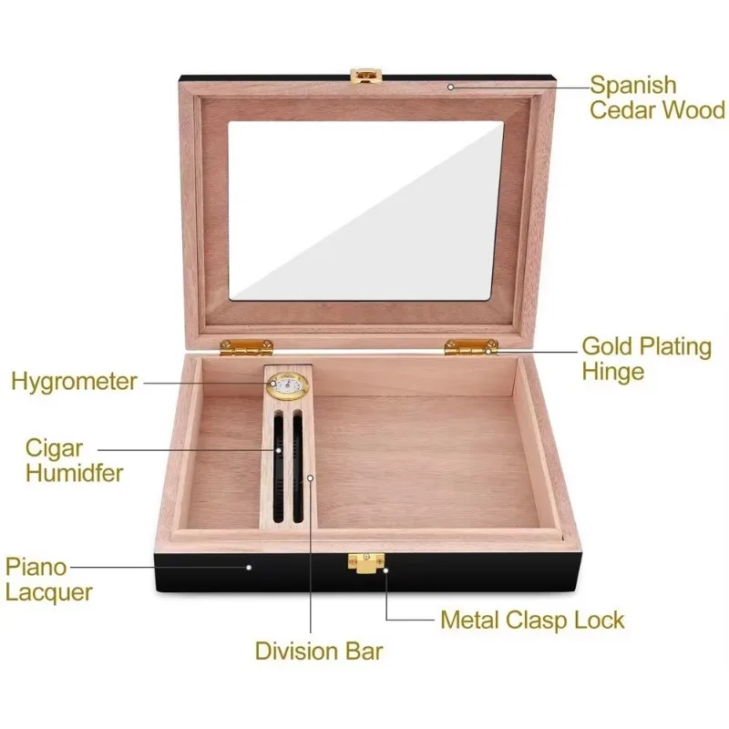 Portable Cedar Wood Cigar Humidifier with Humidifier Glass Top Wooden Travel Cabinet Pattern Display Case