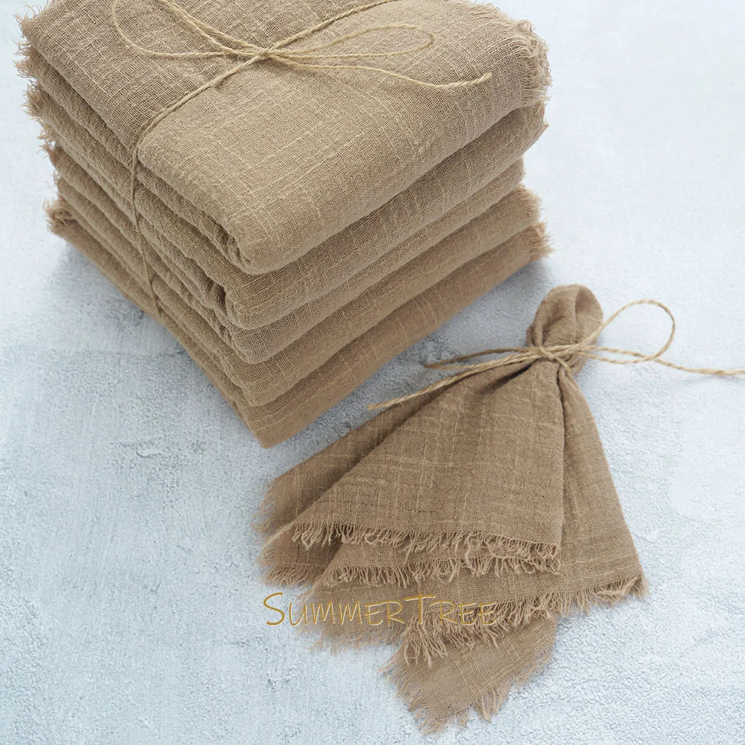 50pcs 32x32cm Khaki Brown Gauze Cotton Napkins Retro Burrs Napkin Cloth Vintage Wedding Party Christmas Table Decor Wholesale