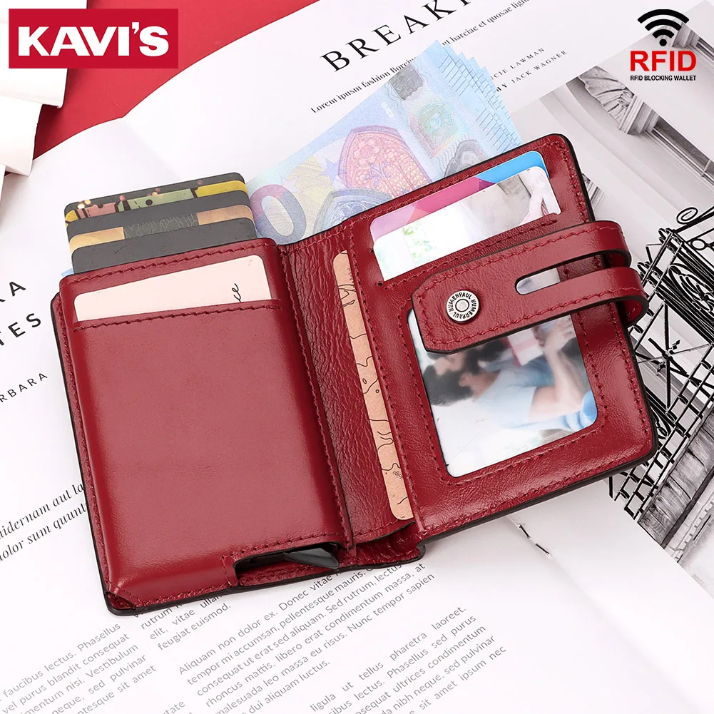 Mini Pop-Up Card Holder Genuine Leather Women Wallets RFID Blocking Protect Aluminum Cards Case Light Slim Purse with Chain