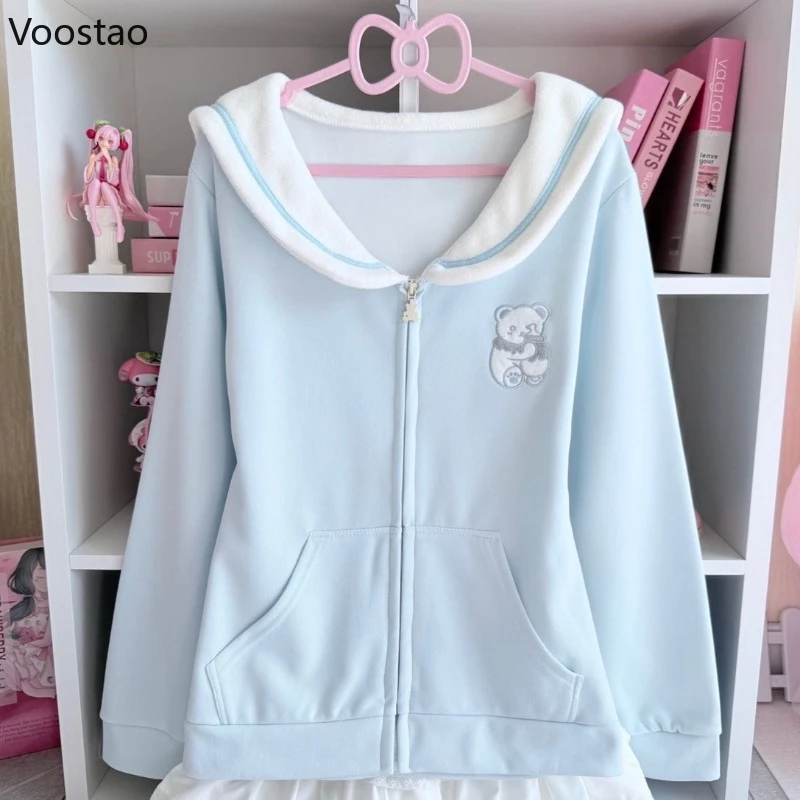 

Japanese Kawaii Cartoon Bear Embroidery Jackets Women Sweet Sailor Collar Loose Sweatshirt Girls Cute Lolita Coat Zipper Tops