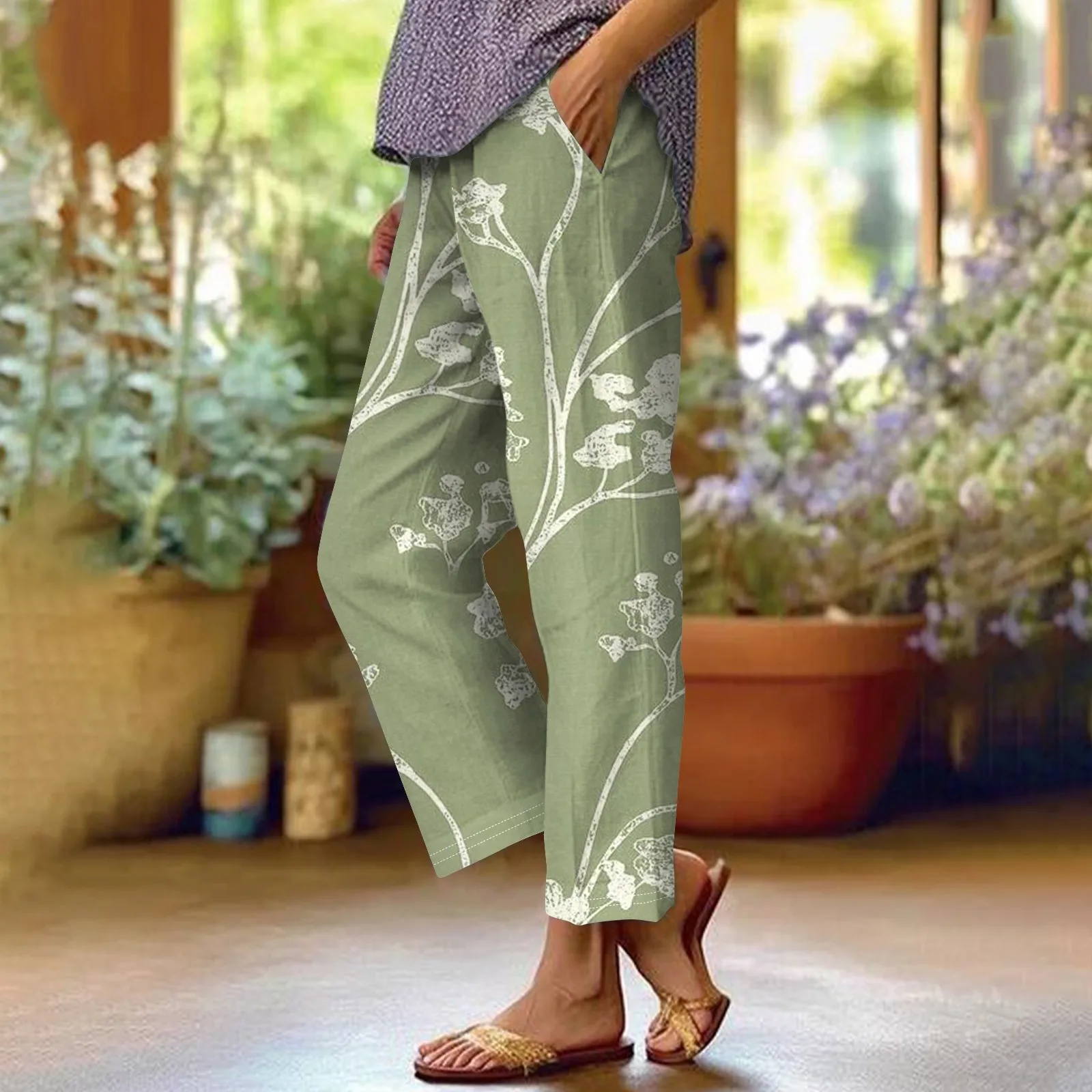 Flower Print Women Cotton Linen Pants Pockets Pants Straight Casual Long Women Pants High Waist Loose Women's New Pants 2024