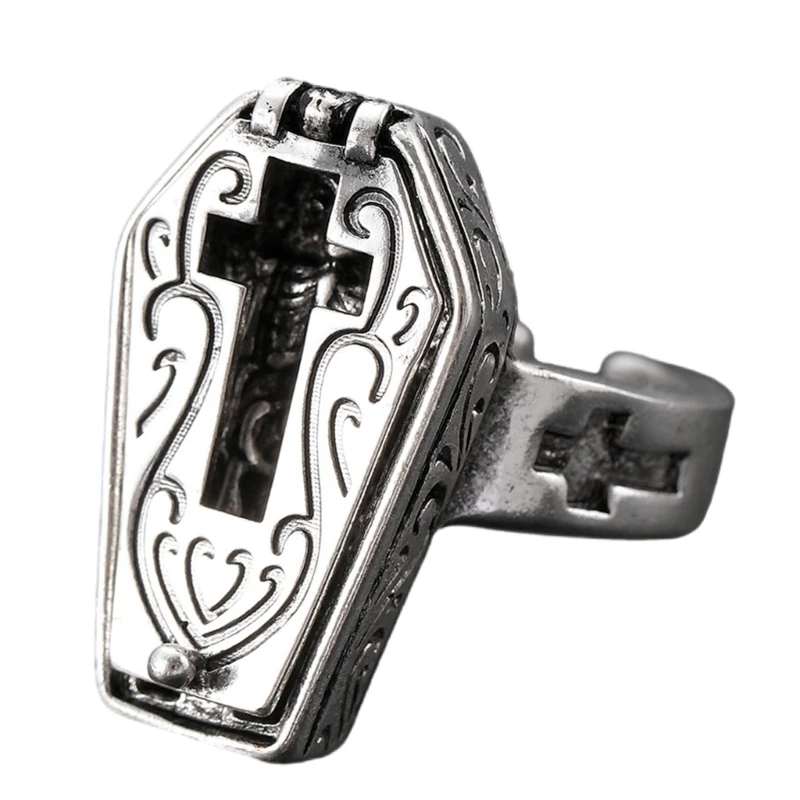 

Openable Skeleton Coffin Crosses Rings Stylish Skull Coffin Rings Distinctive Finger Rings Accessories for Gatherings
