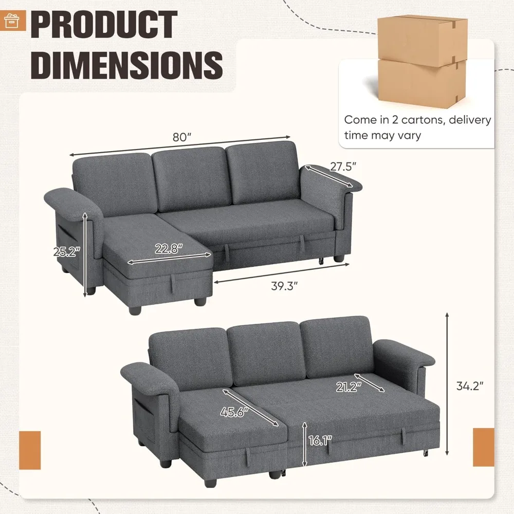 Sleeper Sofa, Pull Out Sofa Couch Bed with Storage Reversible Chaise, L-Shaped Sofas with Side Pocket for Living Room