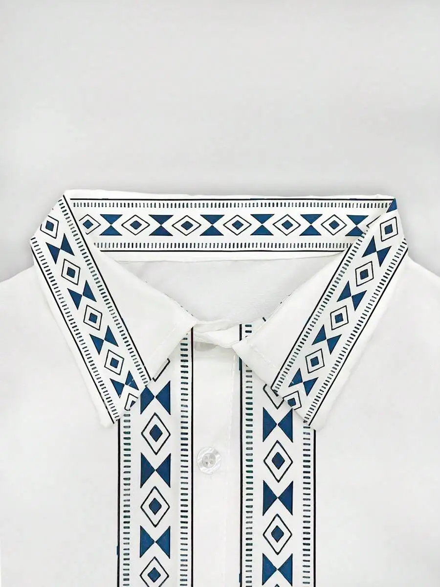 

White Short Sleeve Top And Matching Shorts Set With Blue Geometric Print, Ideal Summer Two Piece Outfit