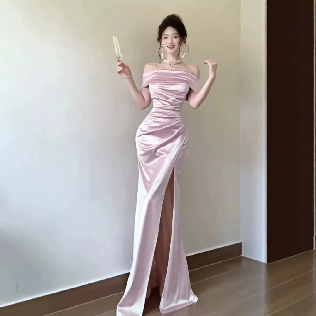 Nuevo Vestido de Noche Elegante de Satén con Abertura y Hombro Descubierto 2026 para Mujer, Vestido de Fiesta Largo