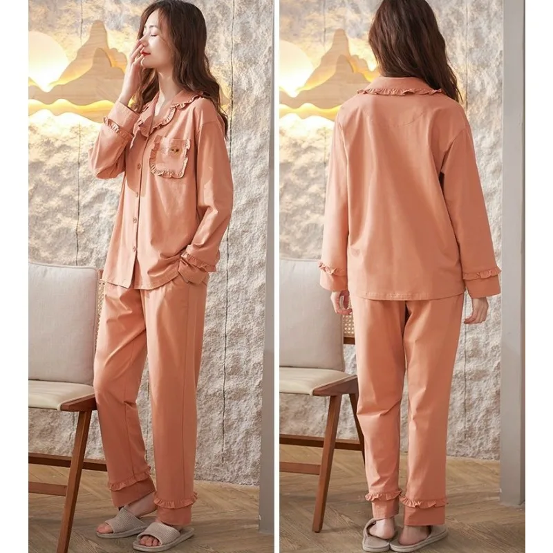 2024 Fahion Pajamas Set Women Spring Autumn Pure Cotton Long Sleeved Loungewear Suit Girls New Cardigan Home Clothing Outfit