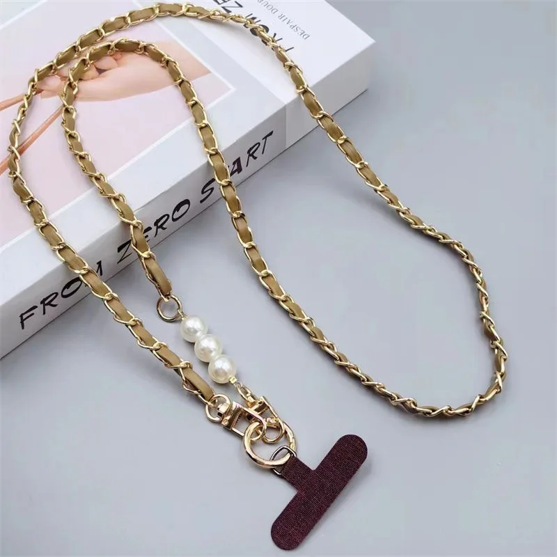 Parel lederen ketting mobiele telefoon riem lang crossbody anti-verlies schouderkoord met metalen hanger voor dames - afbeelding 1
