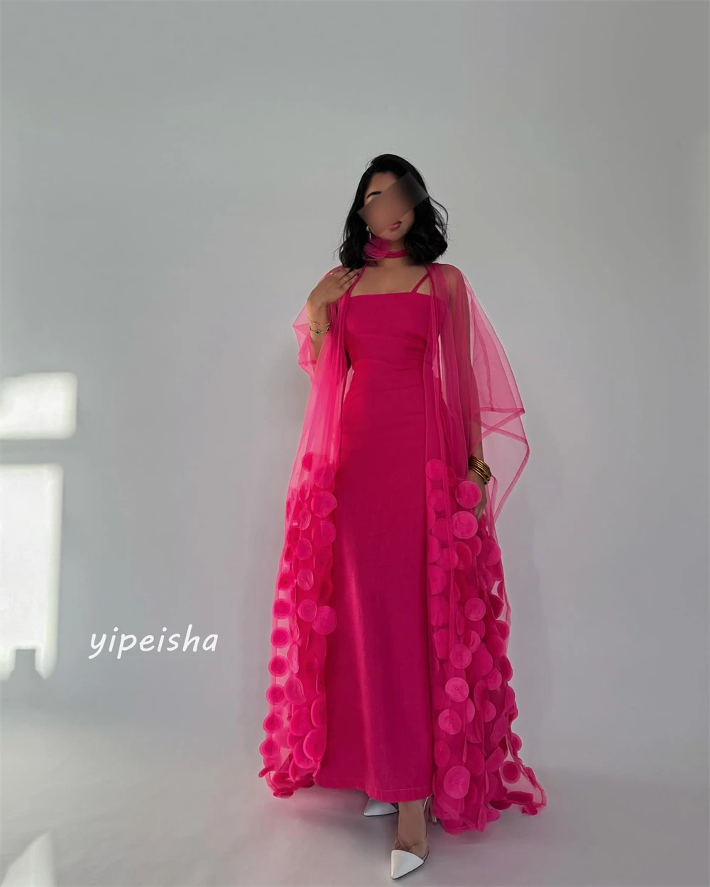 Jersey Applique Draped Pleat Celebrity Sheath Spaghetti Strap Bespoke Occasion Gown Midi Dresses