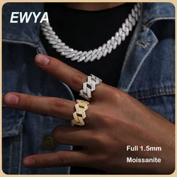 EWYA Luxury 1.5mm D Color Full Moissanite Cuban Chain Ring For Men Women 925 Silver Diamond Hip Hop Punk Link Rings Fine Jewelry