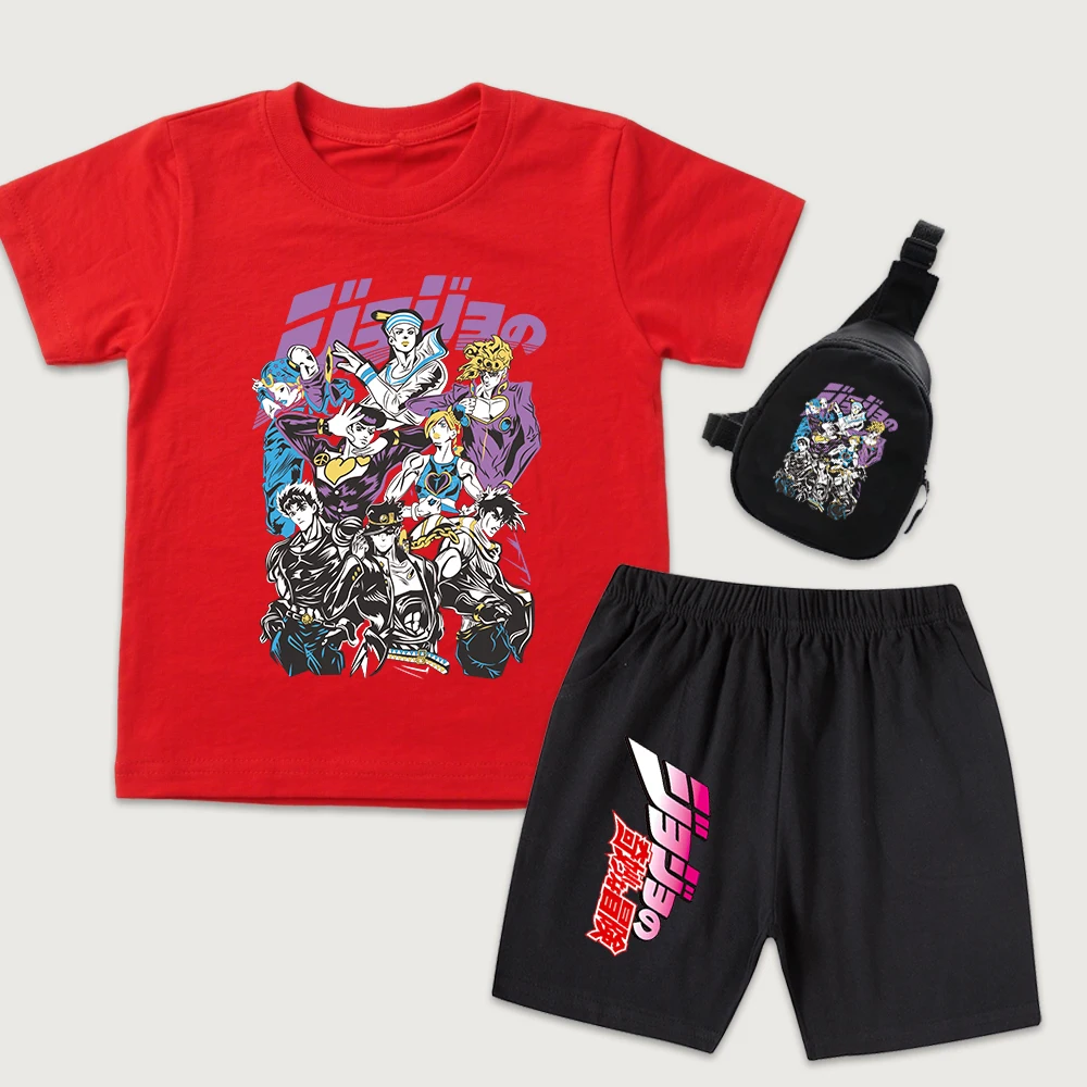 Jojo Characters Anime Print Kids Boys Girls Cotton T Shirt Shorts Mini Chest Bag 3 Piece Set Casual Summer Outfit