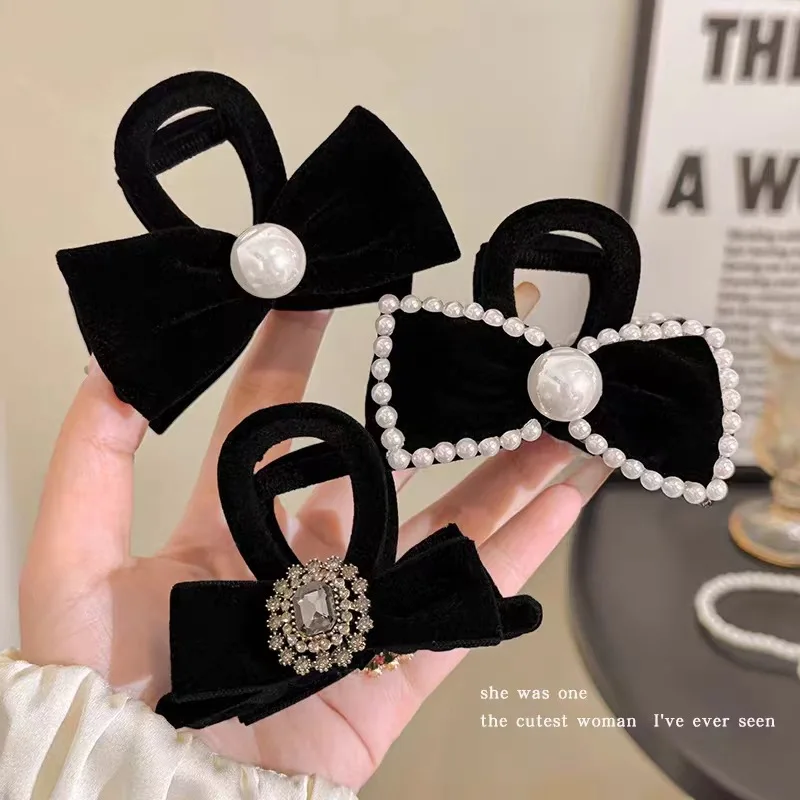 Flocking Rhinestone Black Bow Ponytail Grab Clip Elegant Women Girls Back Head Ponytail Hair Clips Temperament Hairpin Headwear