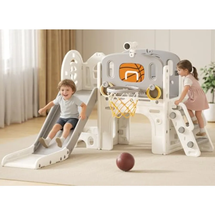 

Outdoor indoor toddler slide set for ages 1-3, plastic, gray, 8-in-1 climber with basketball hoop and ball