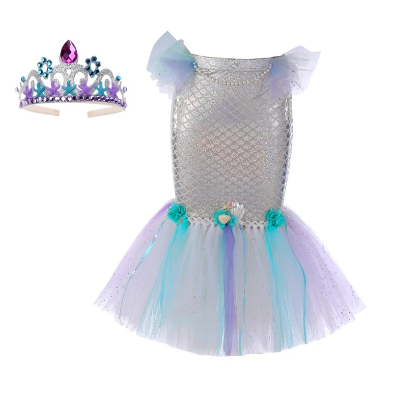 Shiny Scale Mermaid Dress Flower Shell Decor Tulle Skirt Matching Gem Tiara for Cosplay Dress‑up and Themed Party Gathering