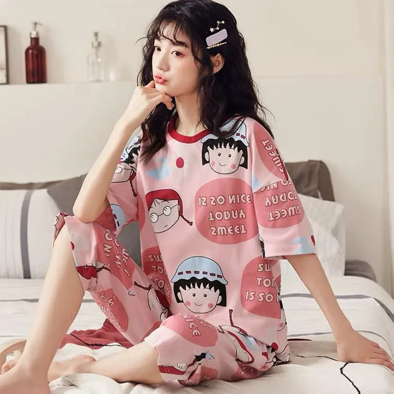 Anime Cartoon Chibi Maruko-Chan Women\'s Pajamas Summer New Cute Short Sleeve Round Neck Thin Sweet Girly Home Clothes Set Gift