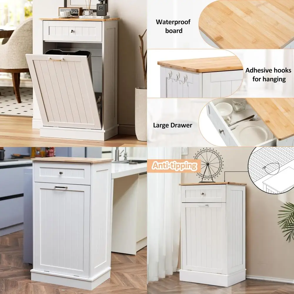 

Wooden 13 Gallon Freestanding Trash Can Cabinet with Drawer, Hidden Laundry Hamper Cabinet, Odor Control