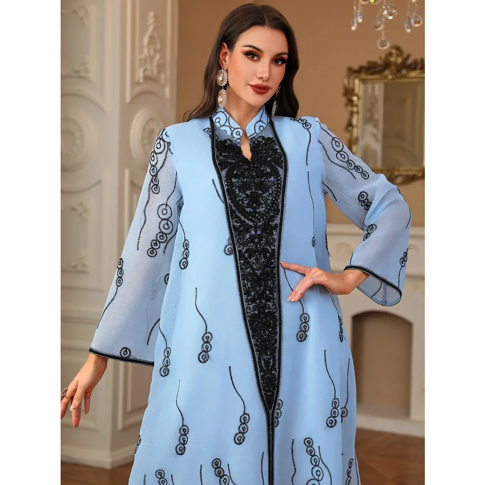 عيد مسلم فاخر المرأة رداء مطرزة التطريز رداء حفلات ريترو ستايل كم طويل فستان ماروكين السيدات فساتين عطلة 2025