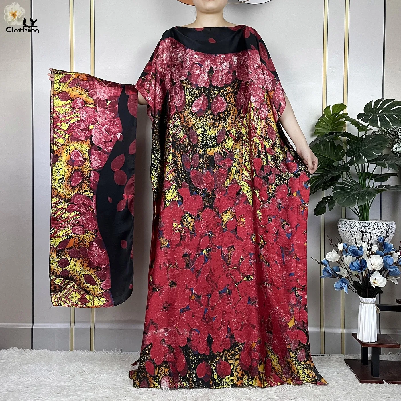 2023 New Style Silk African Abaya Women Clothing Dubai Dashiki Kaftan Pattern Print Design Loose Lady Soft Dress With Scarf