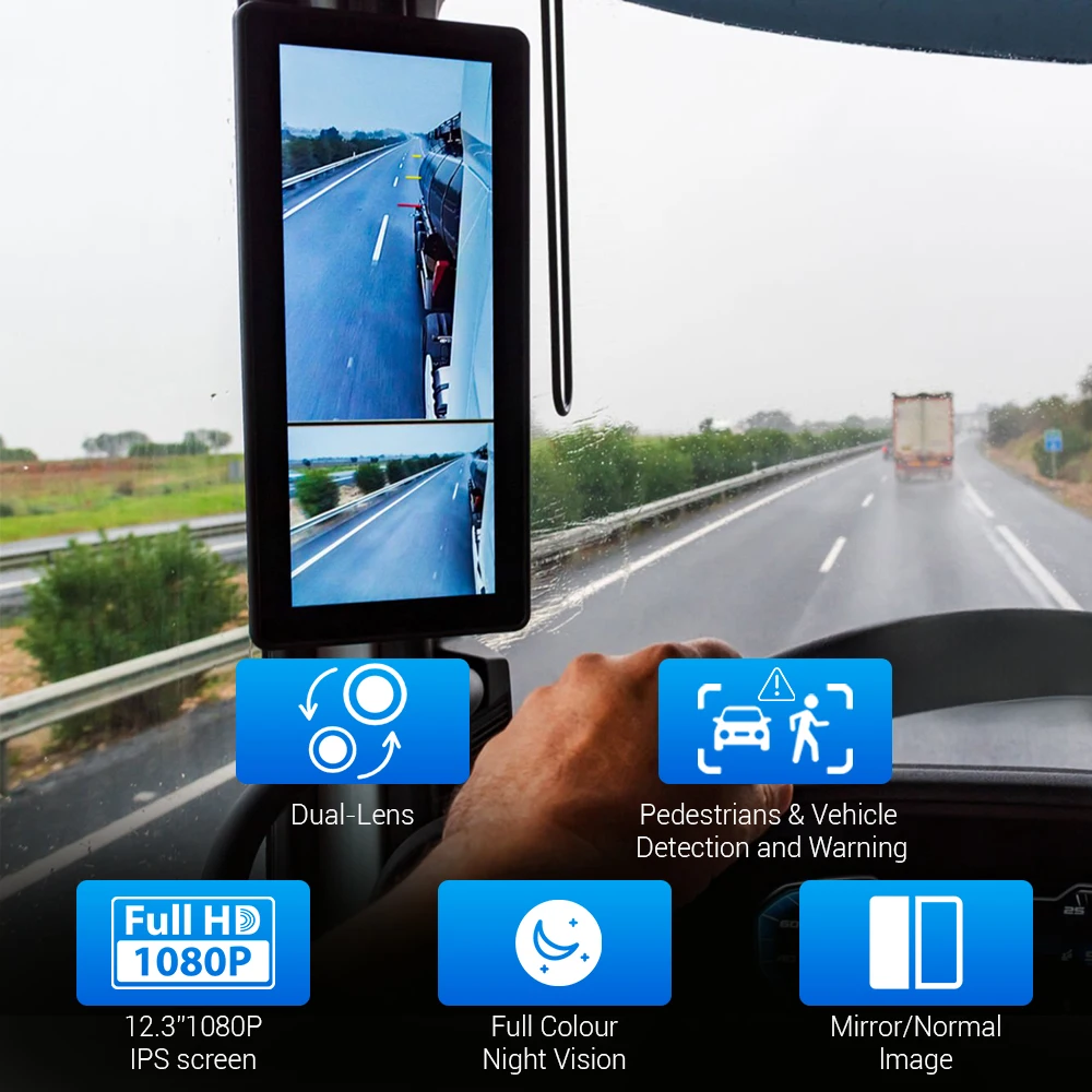 360° View 12.3 Inch Truck Car for Side AI Blind Spot  2ch AHD IPS Screen System Reverse Backup Mirror Camera