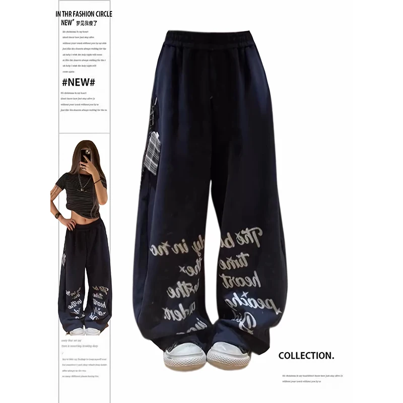 

YIBASHU Women Blue Letter Pants Harajuku Baggy Stamp Sweatpants 2000s Y2k Vintage Streetwear Japanese Jazz Dance Trousers Summer