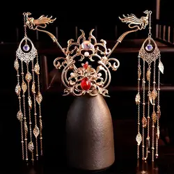 Womens Gold Plated Phoenix With Long Fringe  Hair Crown  Hairstick  Ancient Hanfu Headwear