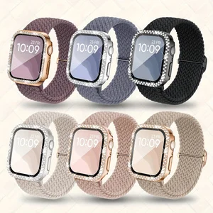 Diamant-Case Nylon-Geflochtenes Armband für Apple Watch Series 11 10 987 SE 40 41 44 45 46mm Weiches Atmungsaktives Uhrenarmband + Schutzhülle