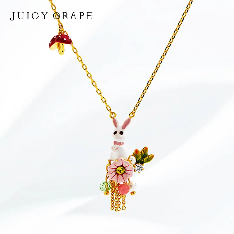 

Juicy Grape Enamel Rabbit Flower Necklaces Luxury For Woman Lovely Hand Painted Adjustable Chain 18K Gold Collar Jewelry Gift