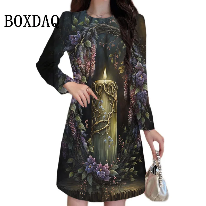 2023 Vintage Print Dress Gothic Style Pattern Long Sleeve New Dress Autumn Pullovers Loose Plus Size Dress Fashion Female Dress