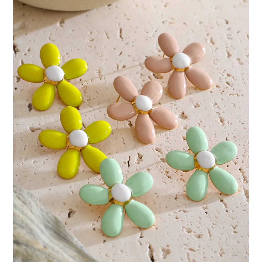 Yhpup Khaki Yellow Green Color Enamel Flower Stud Earrings Hypoallergenic Stainless Steel Young Summer Charming Cheap Jewelry