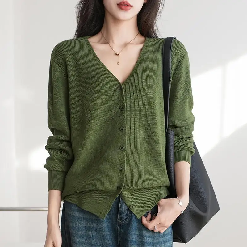 

Pure Cotton Knitted Cardigan for Women Short Jacket V-neck Sweater New Loose and Stylish Slim Long-sleeved Top