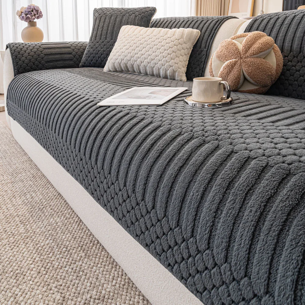 1pcs Winter Solid Color Plush Sofa Mat Thickened Comfortable Soft Anti Slip Dustproof Living Room Furniture Protector