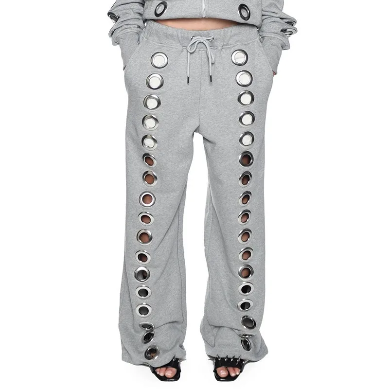 

New autumn and winter Y2K men's black sweatpants with a sense of design, holes, fashion trends, simplicity, and daily life