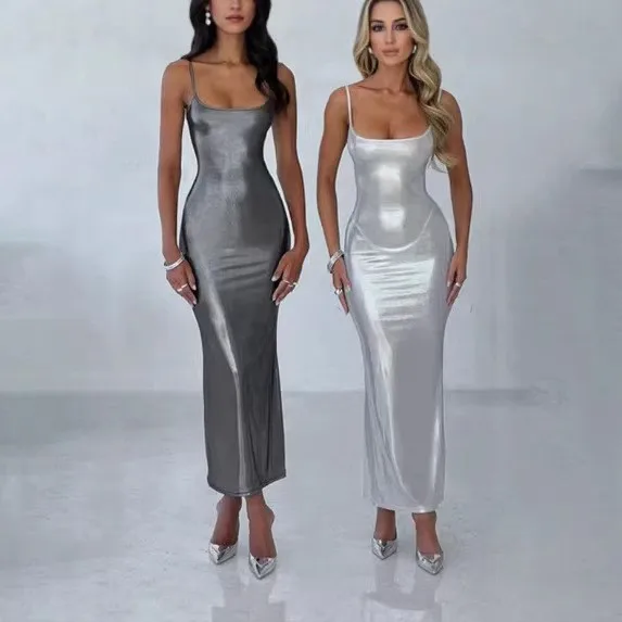 Elegant Party Dress For Woman Prom Slim Fit Dresses Off Shoulder Dress Spaghetti Strap Evening Dress Metallic Side Slit On