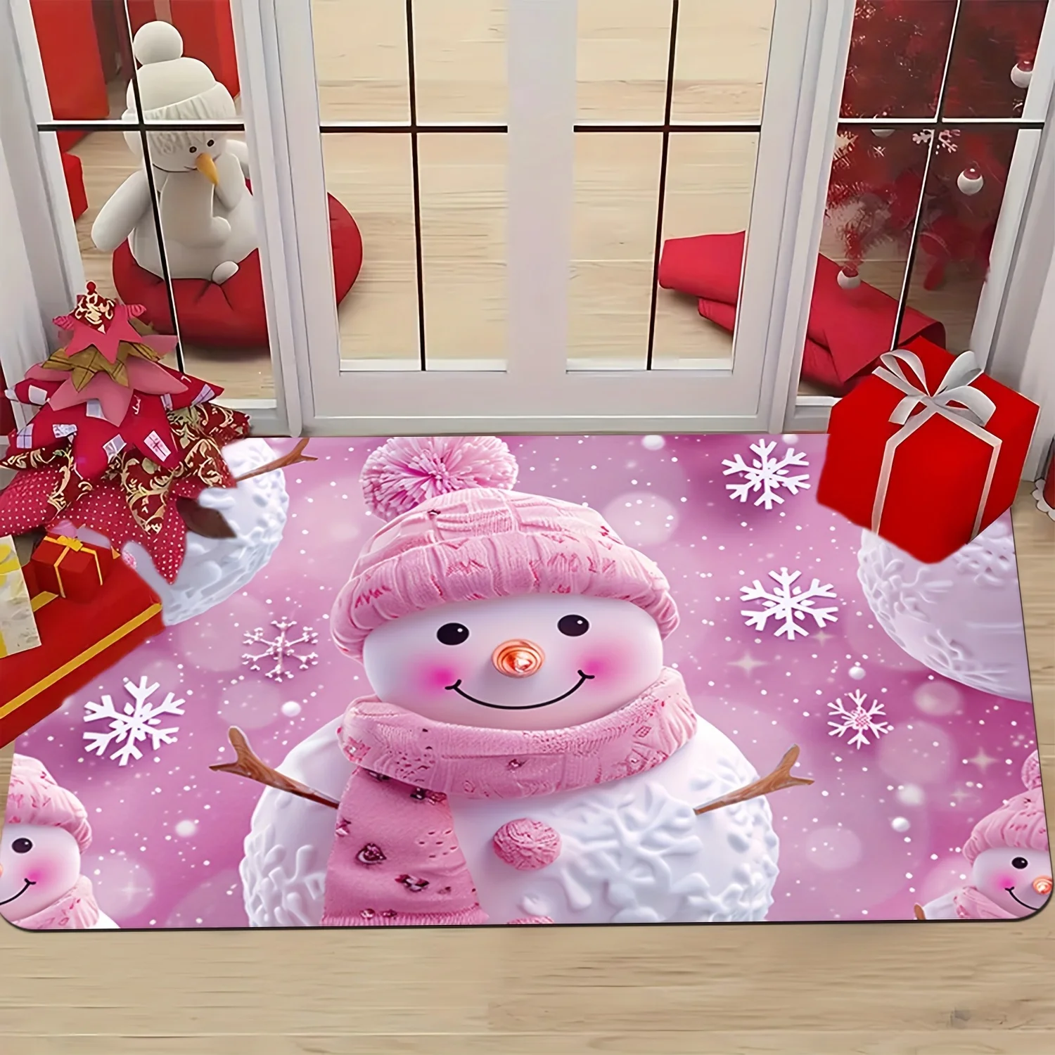 Christmas Doormat Non‑Slip Front Door Rug Washable Indoor Outdoor Xmas Pink Snowman Snowflake Winter Entrance Mat