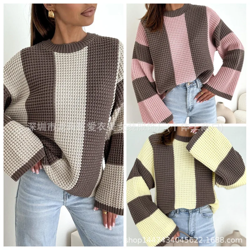 

Осень-зима 2025 года, новый женский свитер с круглым вырезом и длинными рукавами, цветной блок, три цвета на выбор, свободный, универсальный