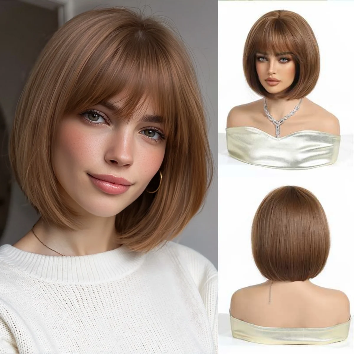 

Короткий коричневый синтетический прямой парик для женщин, ежедневные парики для вечеринок с челкой, натуральные повседневные термостойкие волокна
