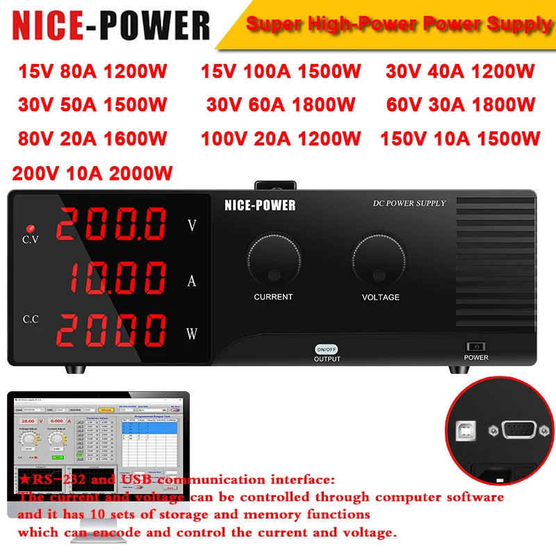 RS-232 USB Port Lab Power Supply Super High-Power 30V 60V 100V 150V 200V Adjustable Regulated Software OUTPUT Factory Testing