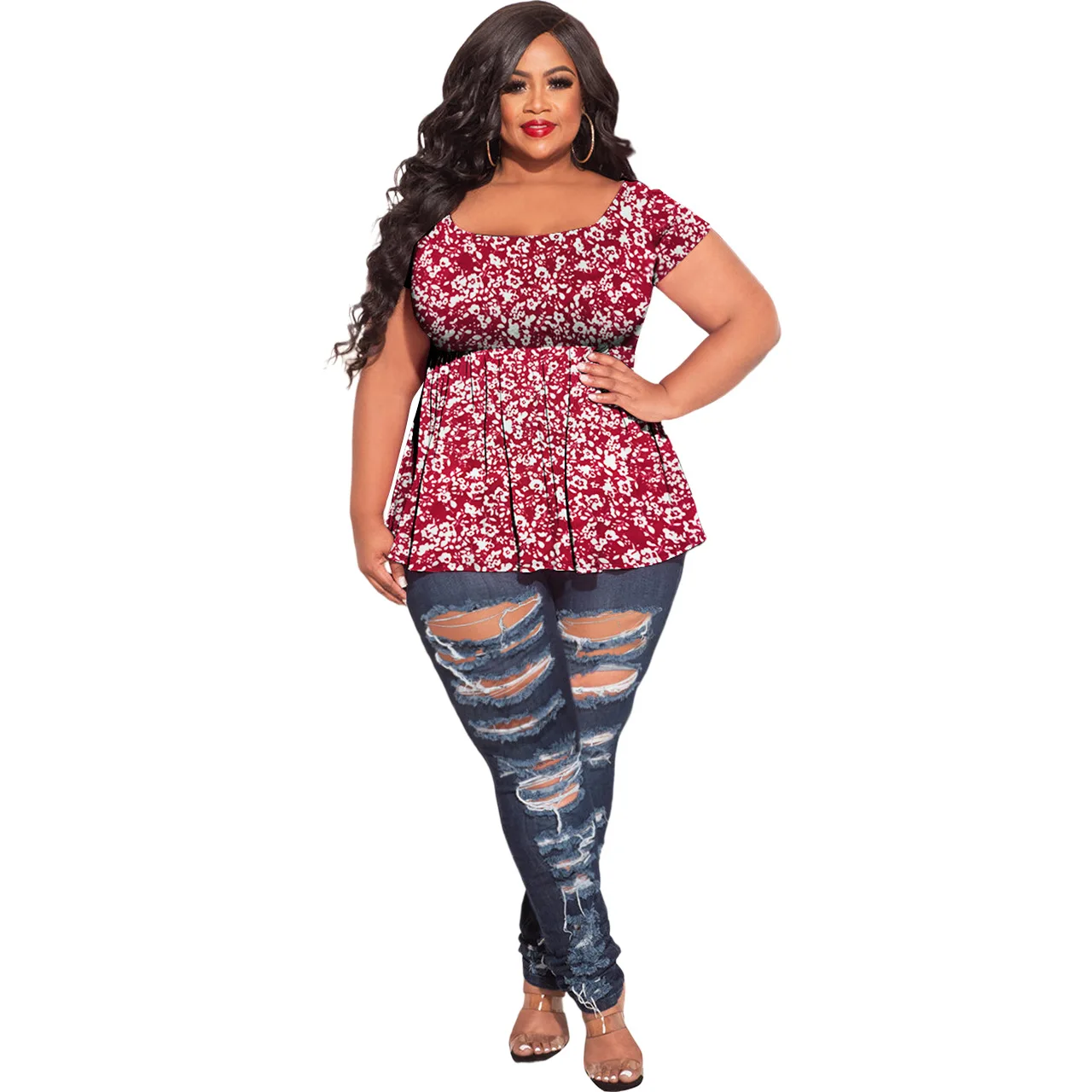 Vermelho floral impressão plus size t camisa roupas femininas solto pulôver senhoras manga curta topos casual wear verão 2022 por atacado