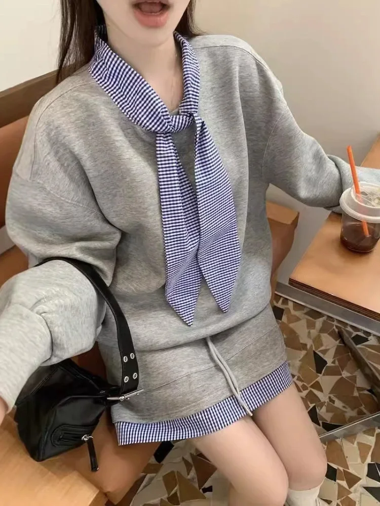 Mode Patchwork 2-delige set Dames Casual Plaid O-hals Lace-Up Conjuntos Trekkoord Hoge taille Korte rok Ensembles