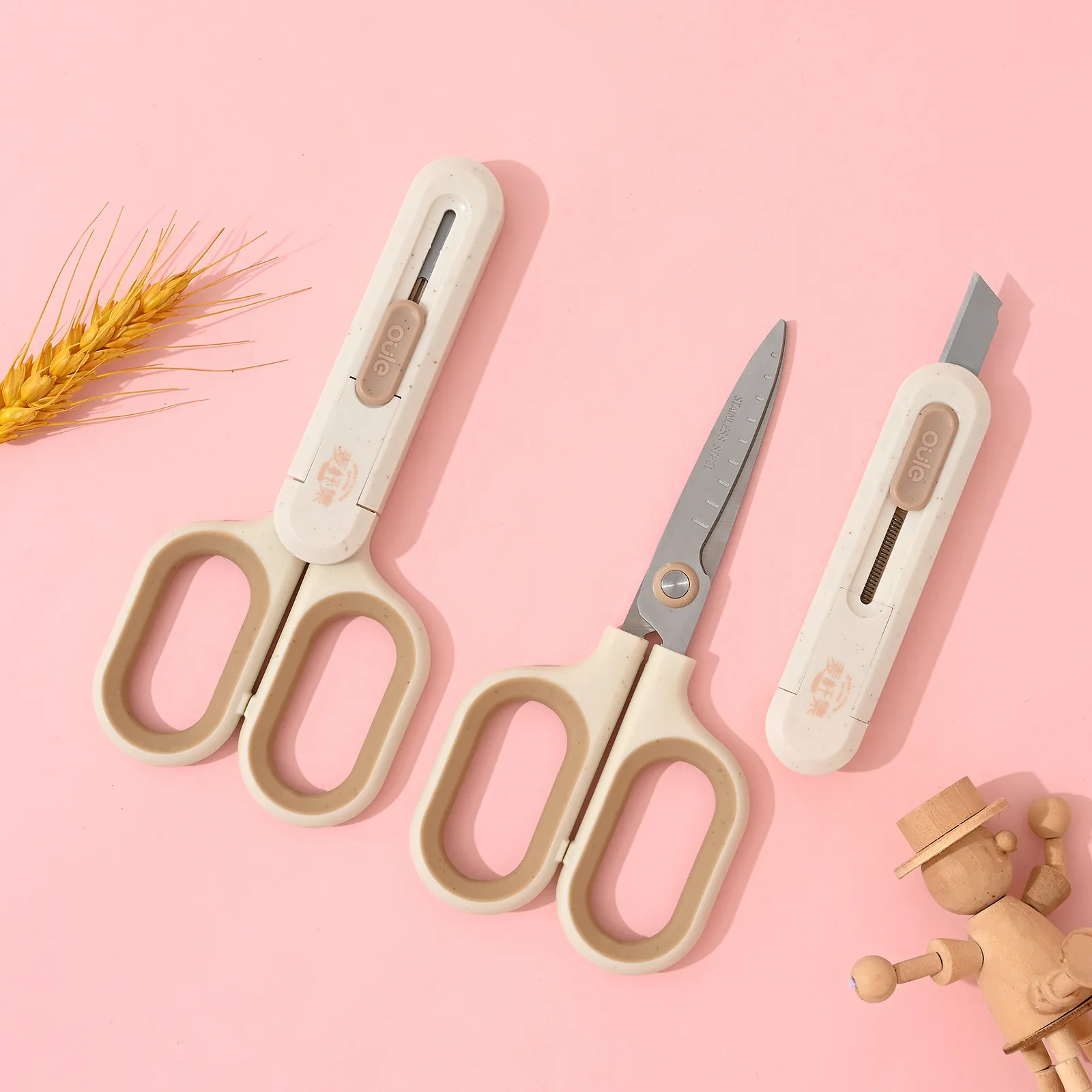 Stationery Straw Series Scissors and Utilization Knife Multifunction Two-in-1 Stainless Steel Paper Cutting Knife Office Cutting