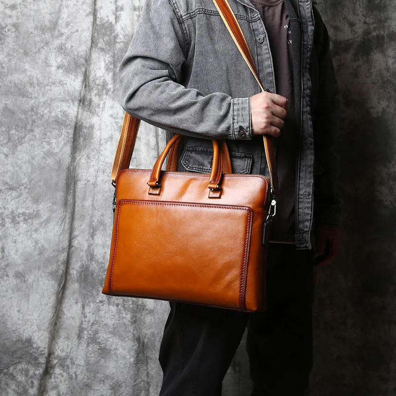 Nzpj Vintage Echt leder Herren Aktentasche natürliche Rindsleder horizontale Handtasche Business Umhängetasche lässige Computer tasche – Detail 4
