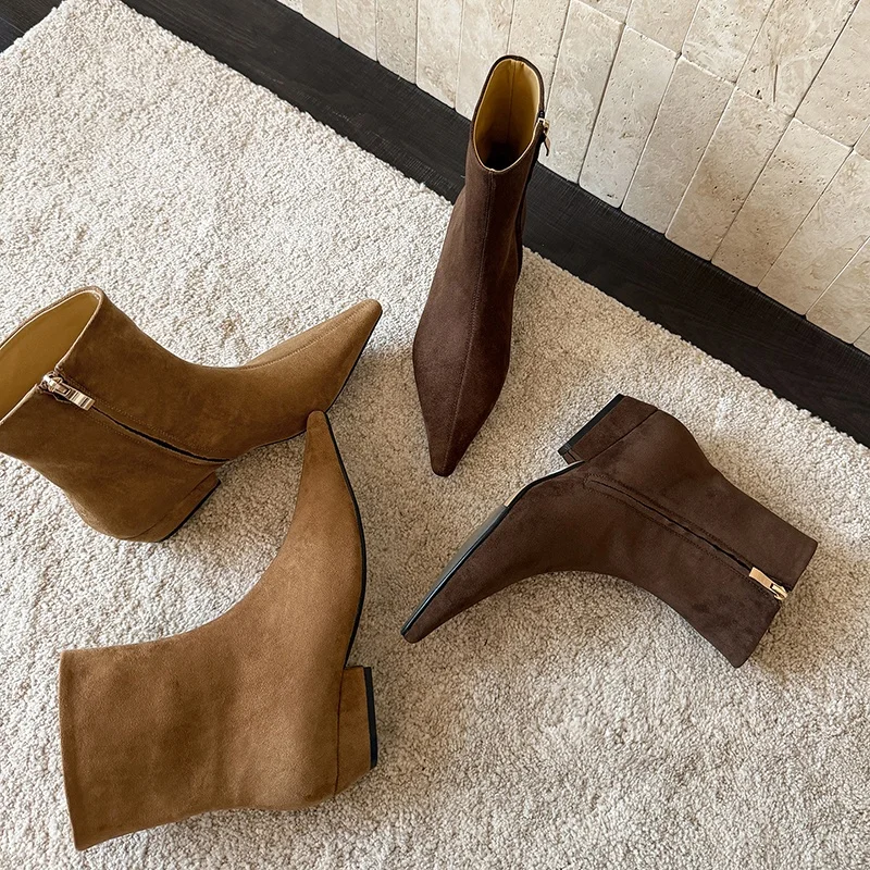 MKKHOU Women PointedToe Suede Ankle Boots Low Block Heel Back Zipper Slim Fit Short Boots Women Autumn Winter