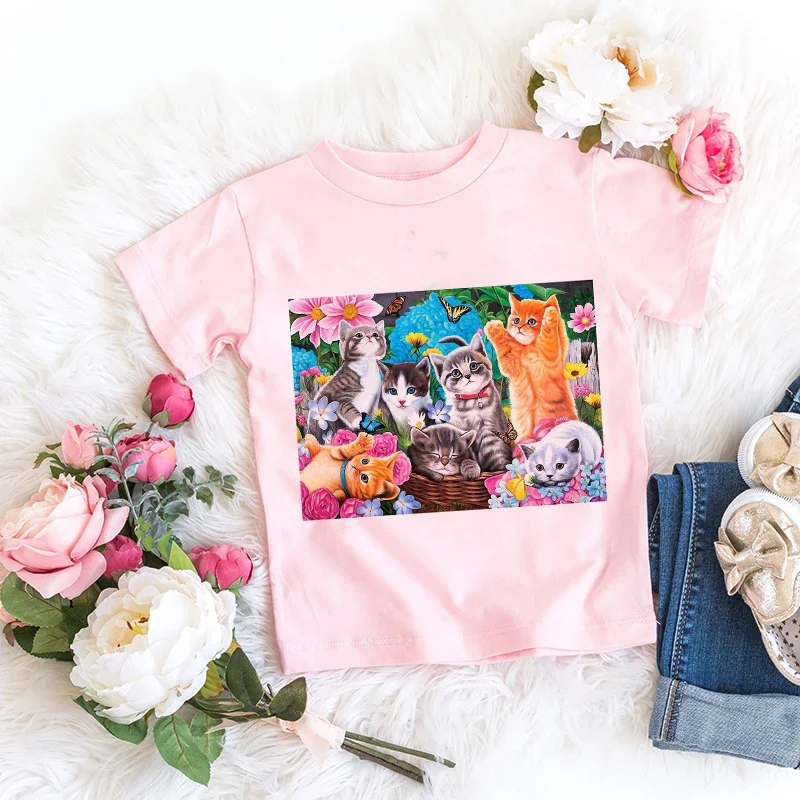 Flowers Boys Harajuku T-shirt Oil Painting Animal Children Tops Kids Summer Girls Tees Tops 2-7 Years Children Clothes Tshirt