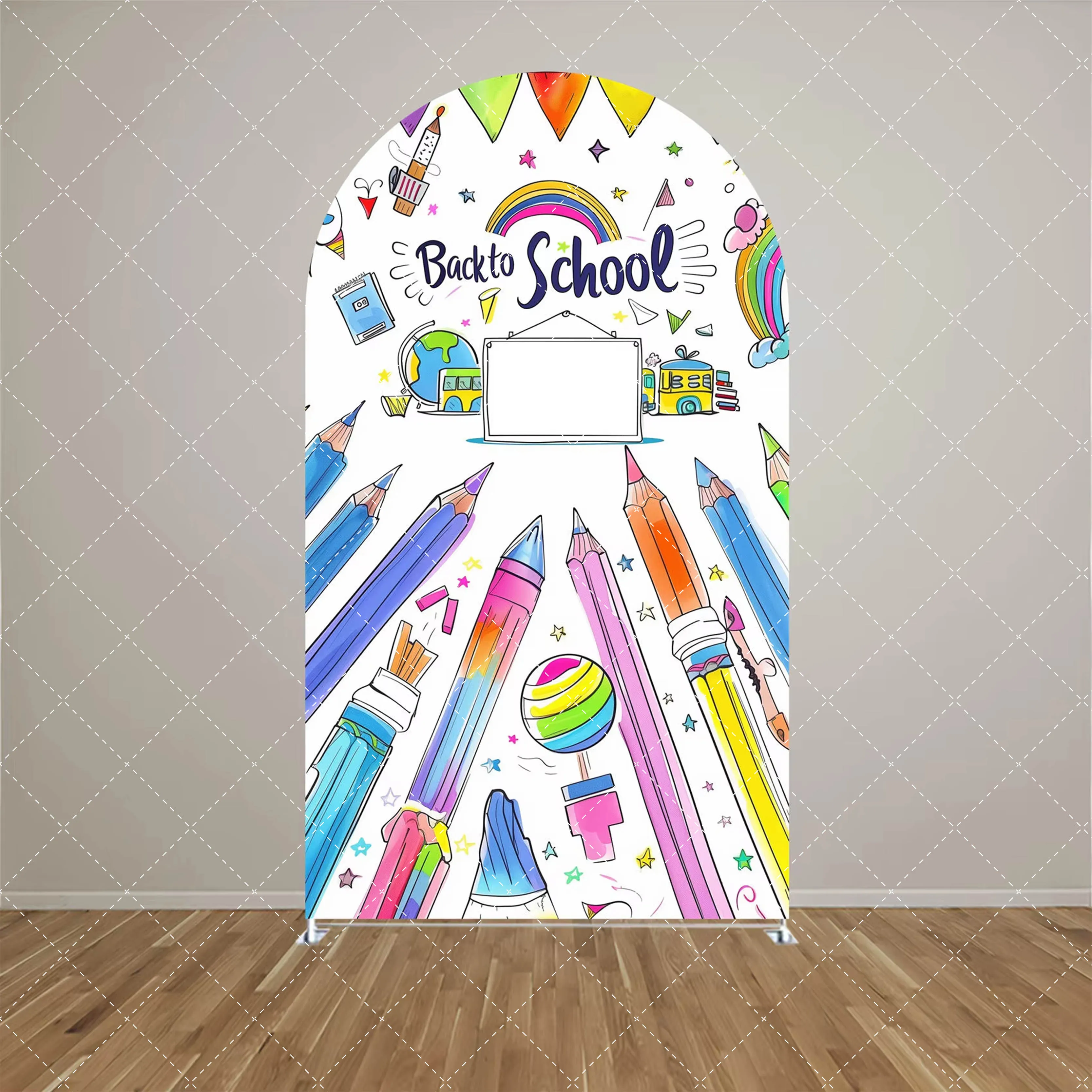 Mehofond العودة إلى المدرسة موضوع قوس خلفية غطاء طالب الطفل حفلات عيد ميلاد قلم رصاص قوس قزح التفاح ديكور خلفية على الوجهين