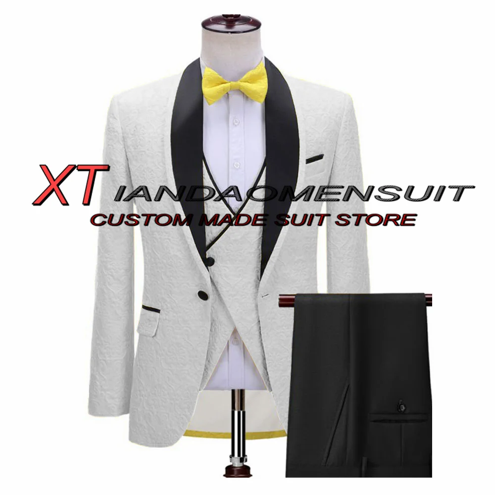 

White Jacquard Jacket Men Suit Wedding Tuxedo Three Piece Formal Blazer Pants Vest Party Dress costume homme