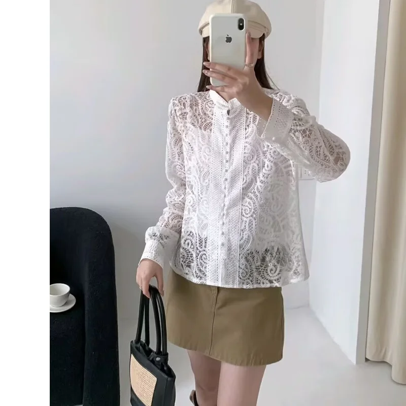 Elegant Long Sleeve Women's Shirt Stand Collar Embroidered Lace Versatile Fashionable Design Spring 2026 Breathable Comfortable