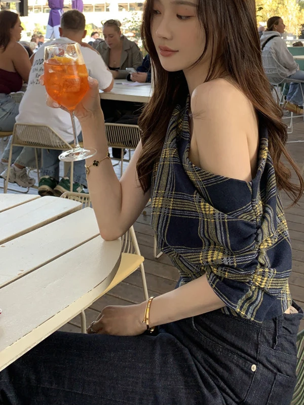 Retro Plaid da donna irt Casual Versatile Asimmetrico oulder Design Estate Puro Desiderio Sle Versione coreana Slim Fit irt
