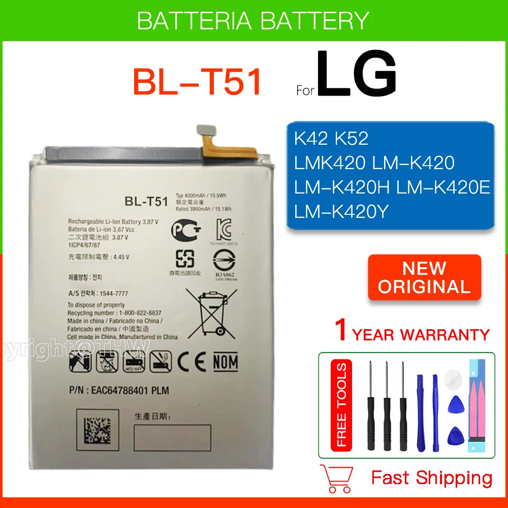 Original Replacement Battery BL-T51 4000mAh Battery For LG K42 K52 LMK420 LM-K420 LM-K420H LM-K420E LM-K420Y BL T51+Free Tools