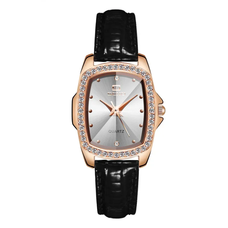 New Arrival SENO Vintage Square Diamond Ladies Leather Belt Simple Water Drill Stone Quartz Women's Watch