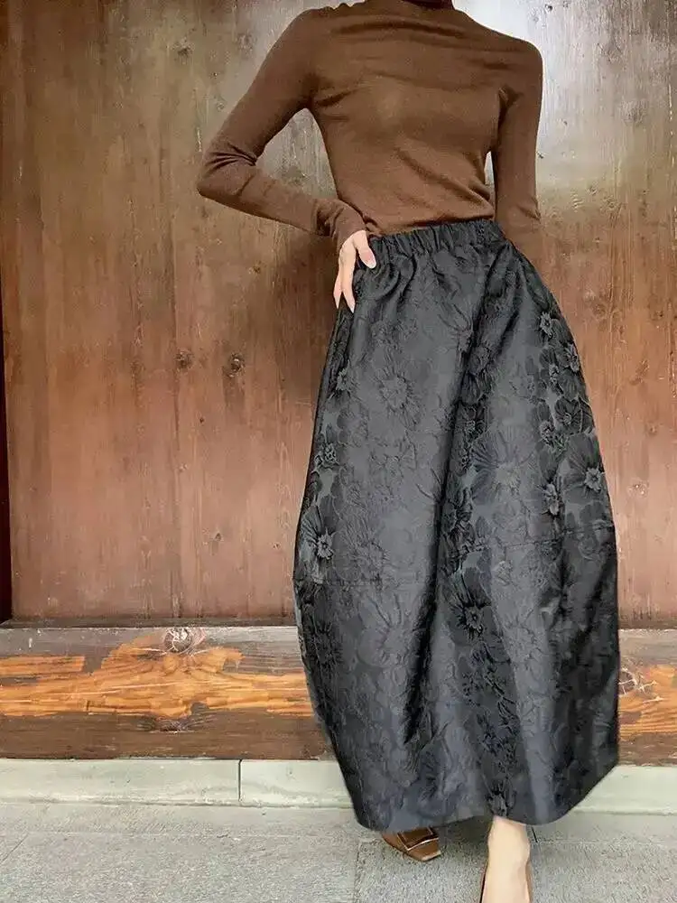 2026 New Arrival Spring/summer Arts Style Women Casual Loose Fit Elastic Waist A-line Jacquard Design Ankle-length Skirt BVI8